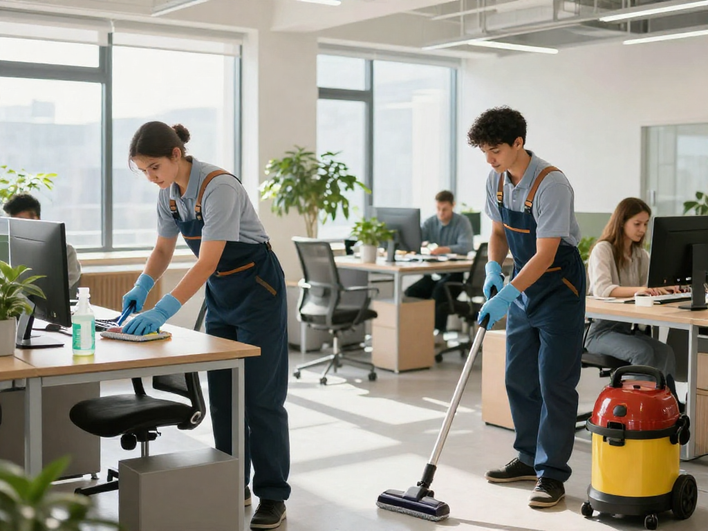 Unterhaltsreinigung in einem modernen Büro, Reinigungskräfte sorgen für Sauberkeit mit umweltfreundlichen Produkten.