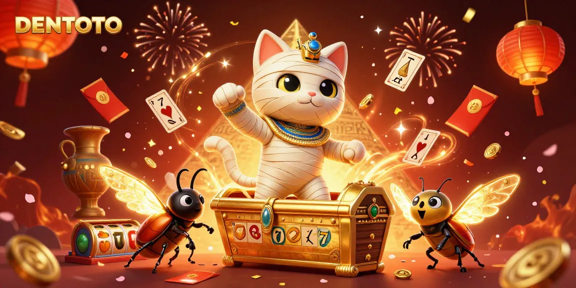 DENTOTO offers immersive casino gaming with a vibrant Egyptian-themed digital illustration full of dynamic gambling elements.