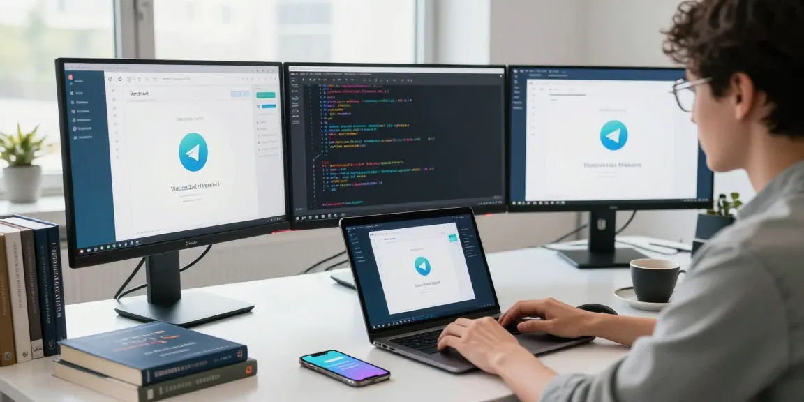 Exploring a telegram account china in a modern digital workspace, featuring a laptop setup displaying Telegram, VPN, and related resources.