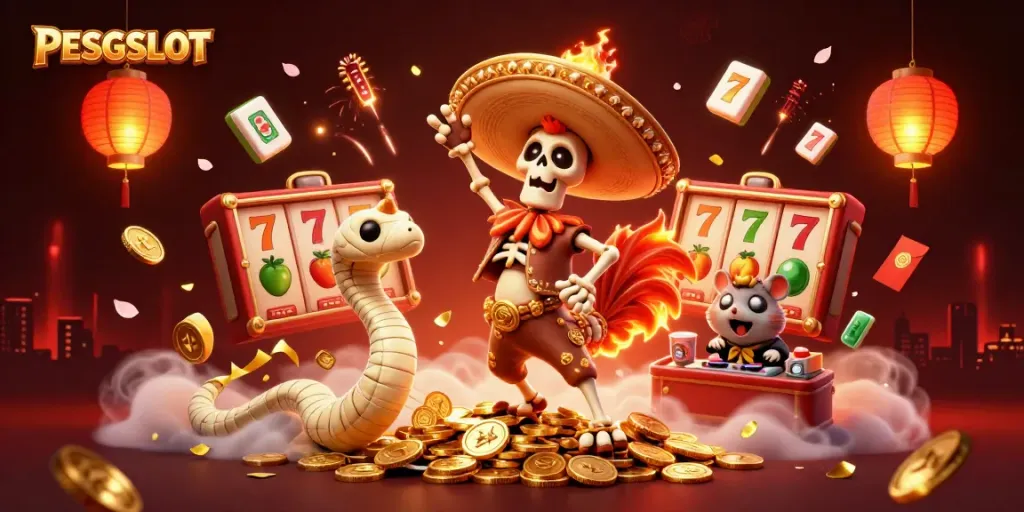 Permainan slot PESGSLOT yang menarik dengan karakter kartun 3D yang penuh warna dan elemen keberuntungan.