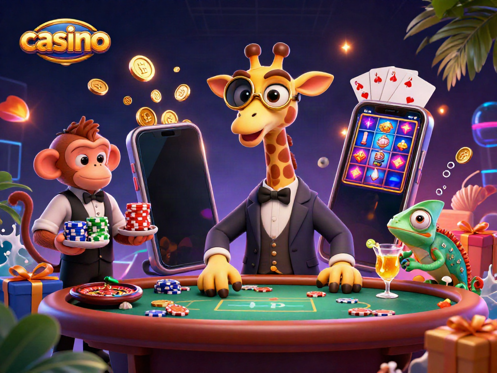 Enjoy a vibrant casino scene with a high-roller giraffe and exotic characters in action.