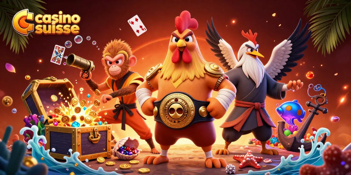 Plongez dans l'univers du casino suisse avec un coq de Muay Thai, un singe Shaolin et un maître grue, animés par les jeux d'argent.