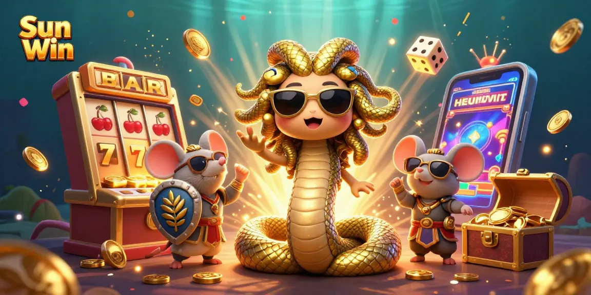 Join the excitement at Sun Win with a festive 3D casino illustration featuring games and winning symbols.