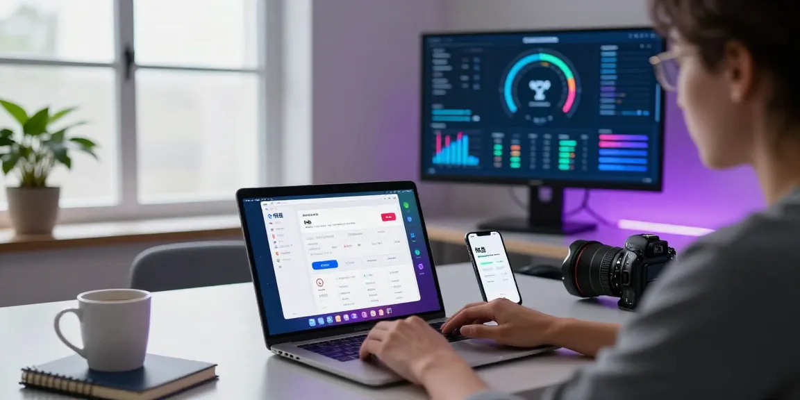 快连 application interface on a laptop in a modern workspace, showcasing seamless digital connectivity.