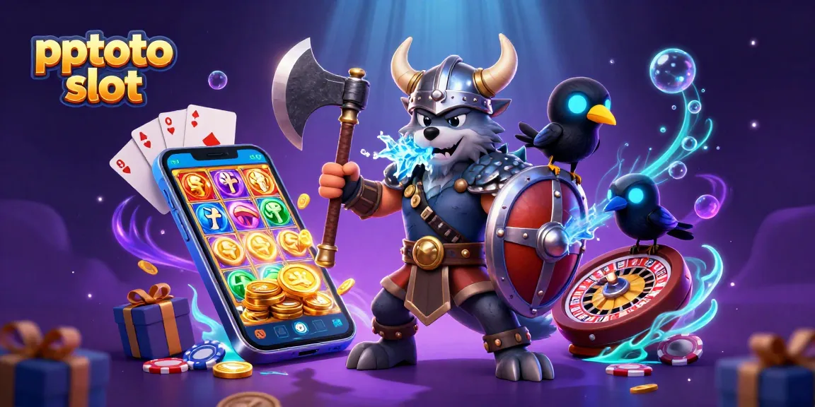 Spin the reels with pptoto slot in this vibrant and dynamic casino illustration featuring a Viking wolf warrior.