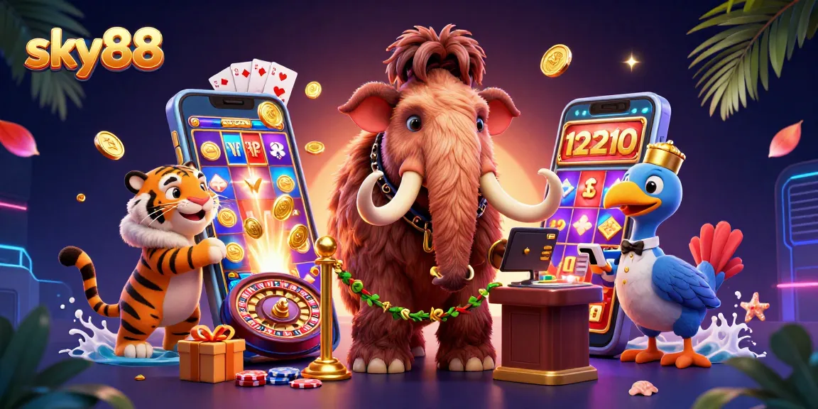 Experience the excitement of sky88 with a woolly mammoth bouncer and a vibrant casino scene.