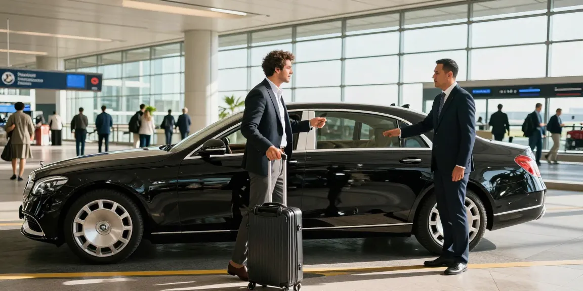 Luxury airport drop off Dubai: a professional chauffeur assists a traveler at the sleek Dubai International Airport.