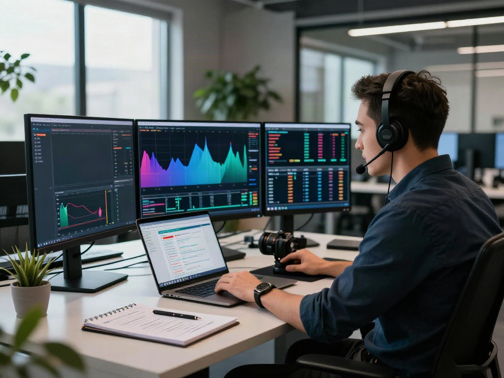 Dynamic trading workspace showcasing tradingview software on multiple screens in a modern office.