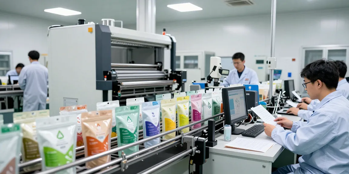 Recyclable stand up pouches produced in a modern manufacturing facility, showcasing eco-friendly technology and quality control.