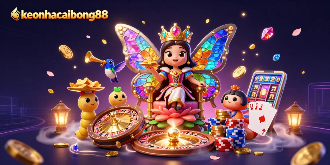 Engage in dynamic casino fun with keonhacaibong88's enchanting butterfly queen and gaming elements.