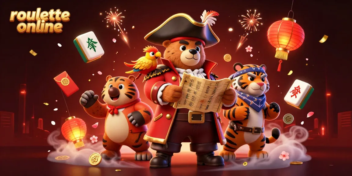 Play roullete online with a vibrant scene featuring a pirate bear, tiger, and parrot surrounded by casino elements.