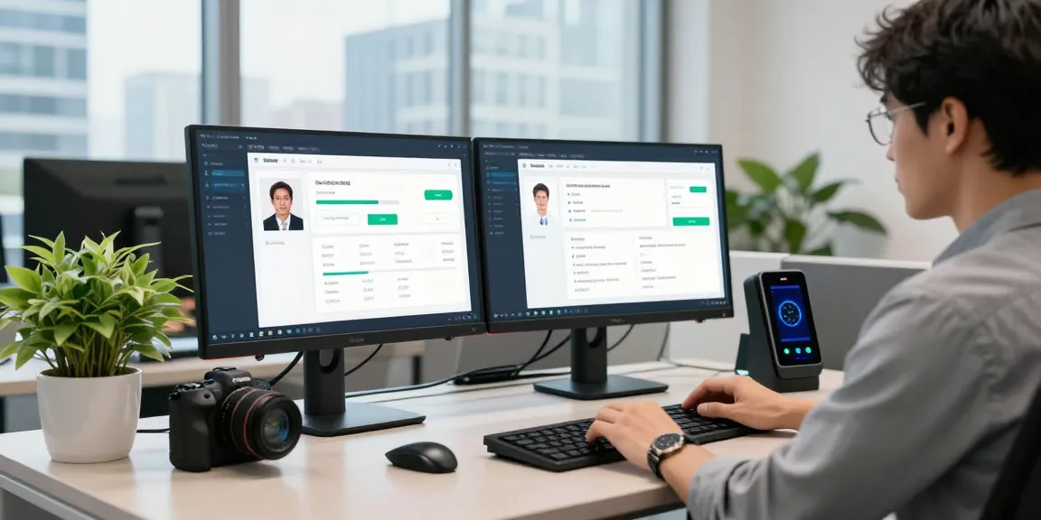 IT specialist analyzing age verification system data on dual monitors in a professional office setting.