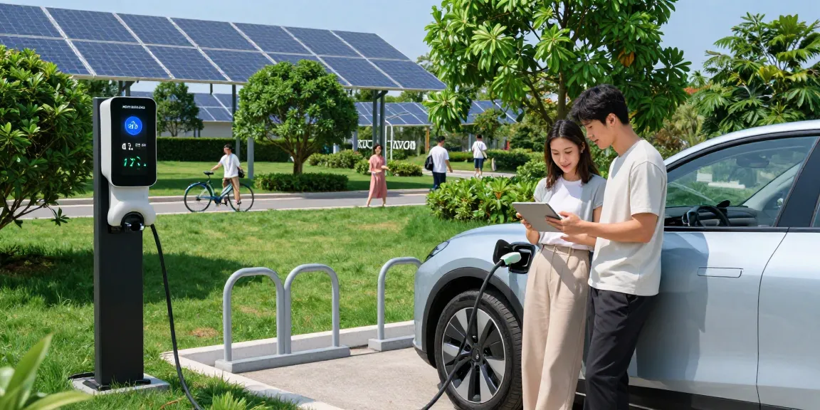 EV technology prominently featured in an electric vehicle charging station surrounded by greenery and solar panels.