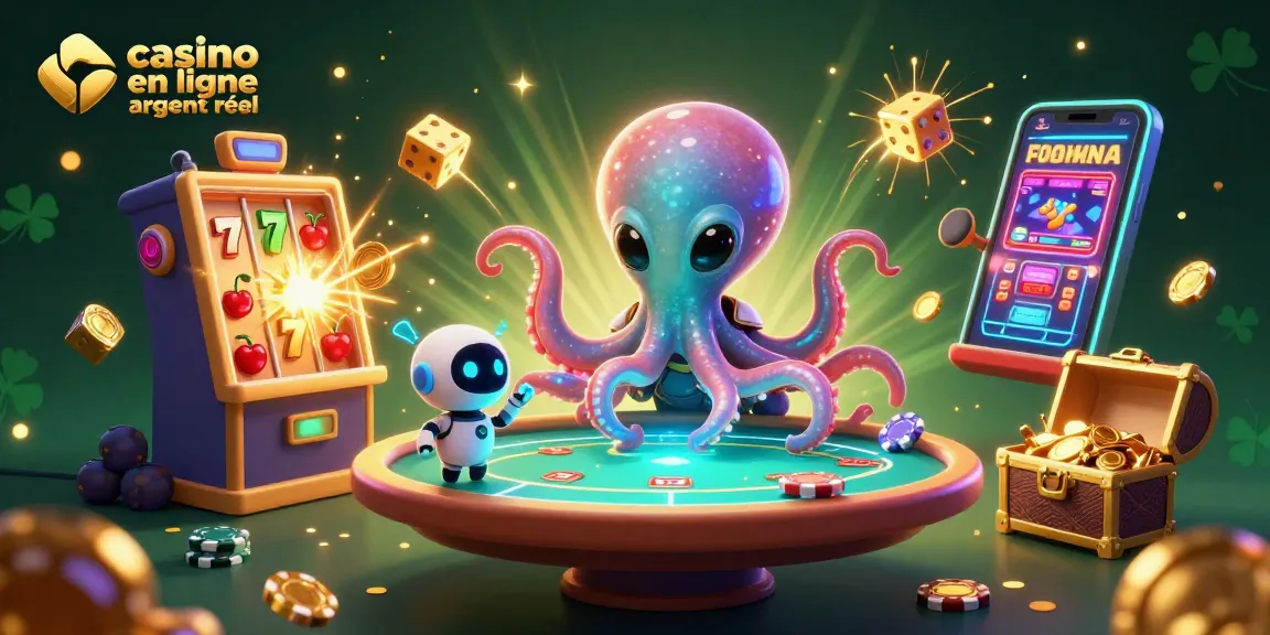 Jouez à casino en ligne argent réel avec une illustration de casino futuriste et personnages animés.