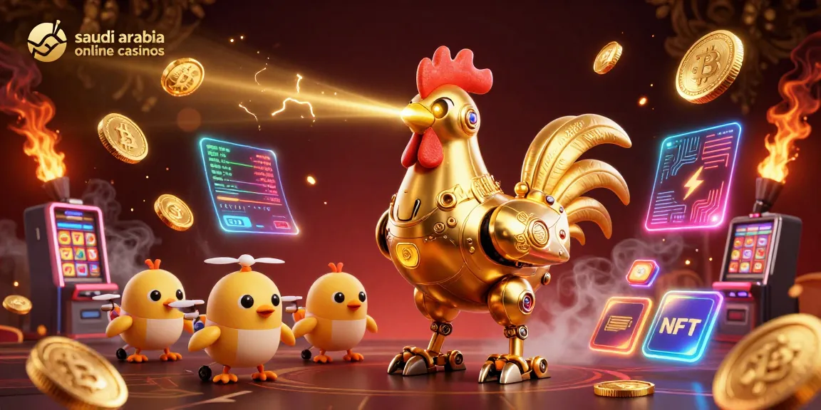 Engage in the excitement of saudi arabia online casinos with a golden rooster robot and crypto themes in a vibrant illustration.