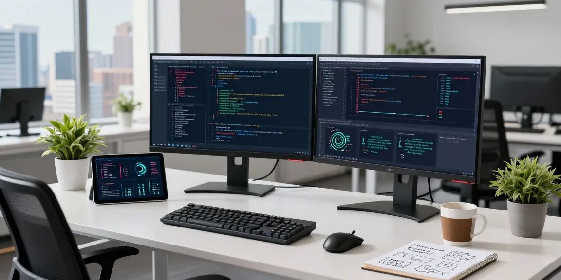 QuickQ 软件工程师在现代工作空间中优化 VPN 应用，配备多个显示器和编码可视化。