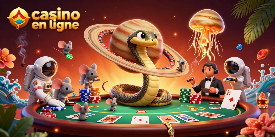 Jouer au casino en ligne sur une plateforme animée avec des souris astronautes pariant et des éléments de poker colorés.