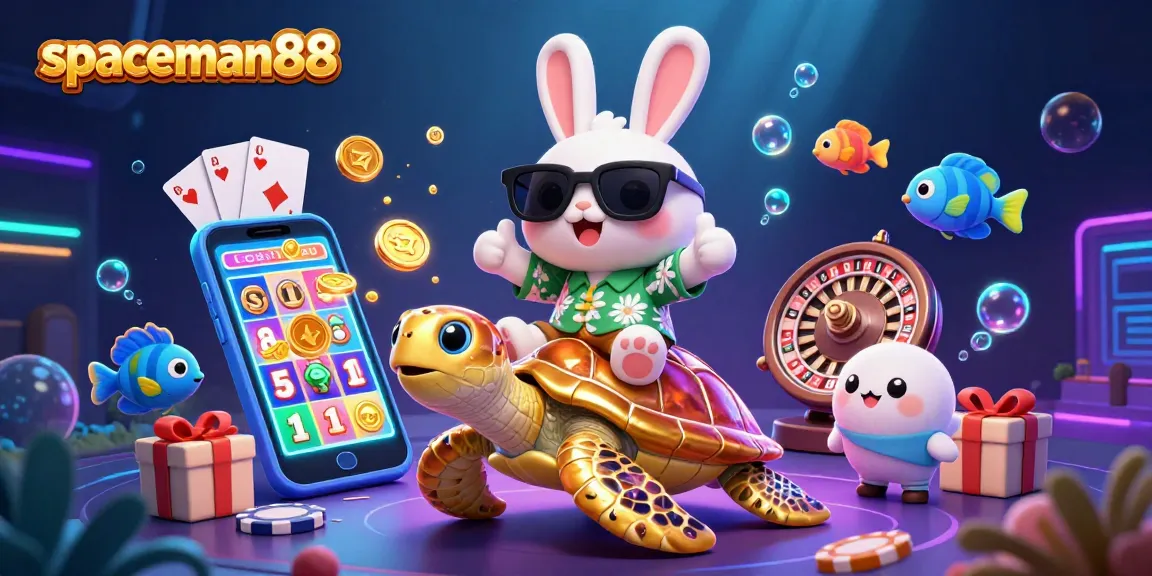Spin and win at spaceman88 with a lucky rabbit and a golden turtle amidst vibrant casino elements.