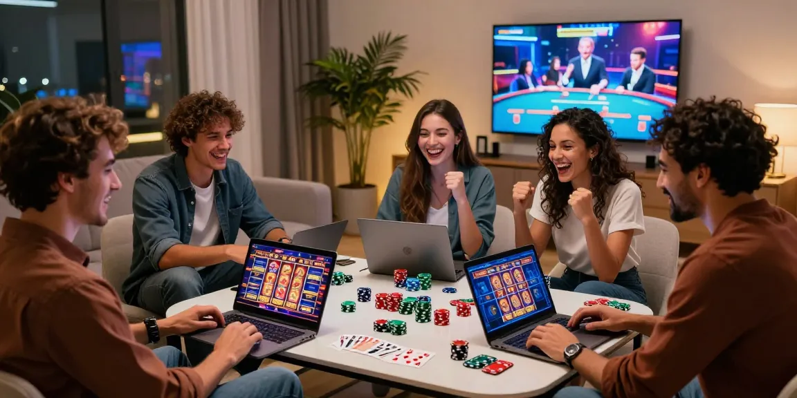 Soirée amusante de jeux entre amis à la maison, mettant en avant l'excitation des casinos en ligne