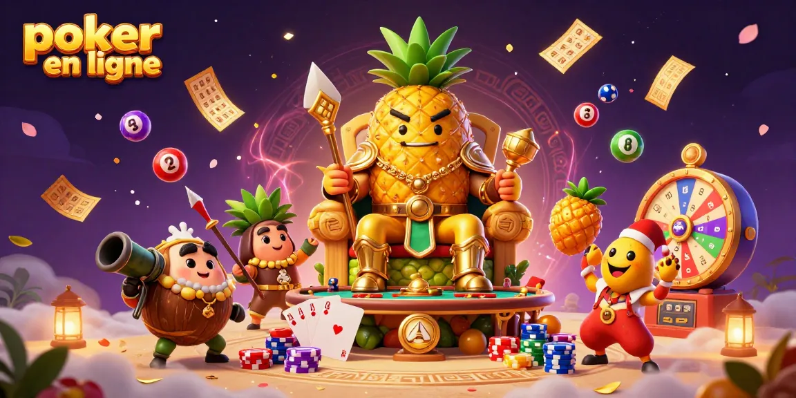Jouer au poker en ligne avec l'illustration d'un roi en ananas au casino, entouré de personnages colorés.