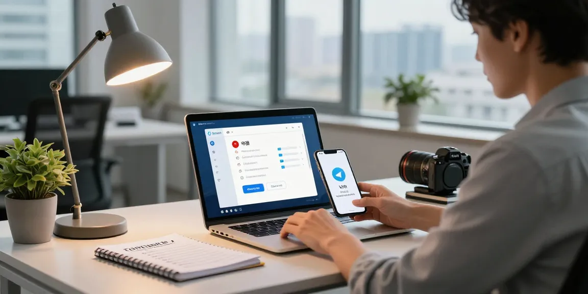 Setting up a Telegram account in China with secure VPN connection in a modern tech workspace.