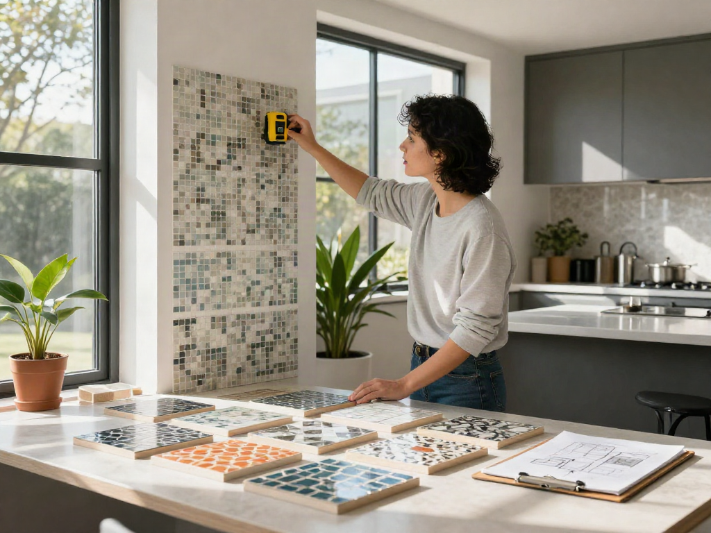 Mosaic tiles Sydney in a modern home renovation scene with interior designer measuring spaces and colorful tile samples.