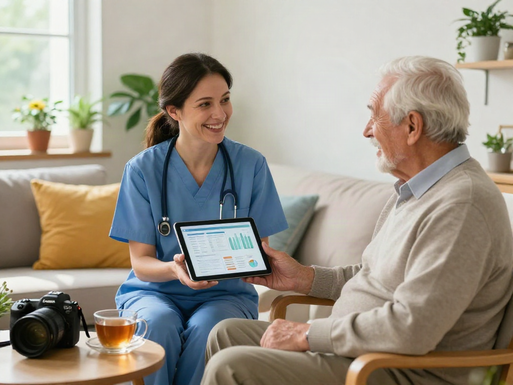 Engaging scene with caregiver assisting senior client in home care setting, highlighting the bonus new member 100 offer in a warm and inviting atmosphere.