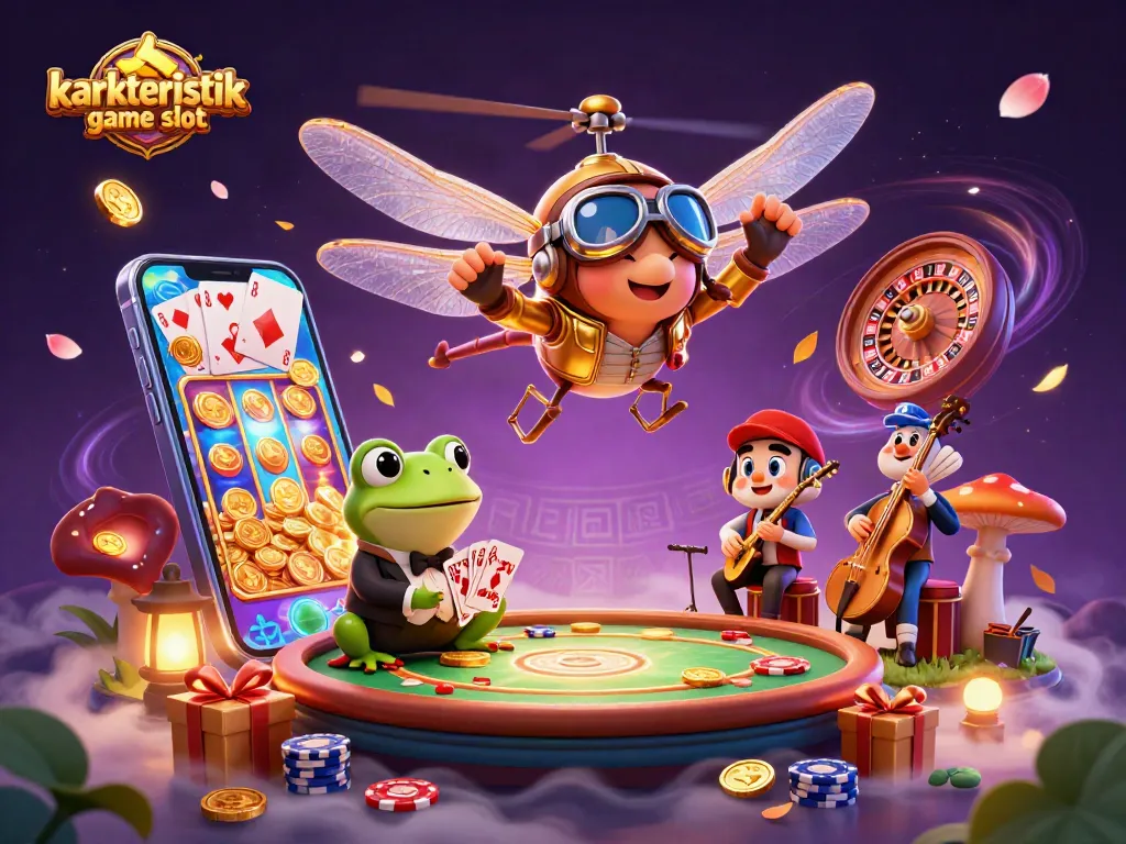Menggambarkan karakteristik game slot dengan elemen mencolok seperti gulungan slot, koin emas, dan suasana kasino yang kaya.