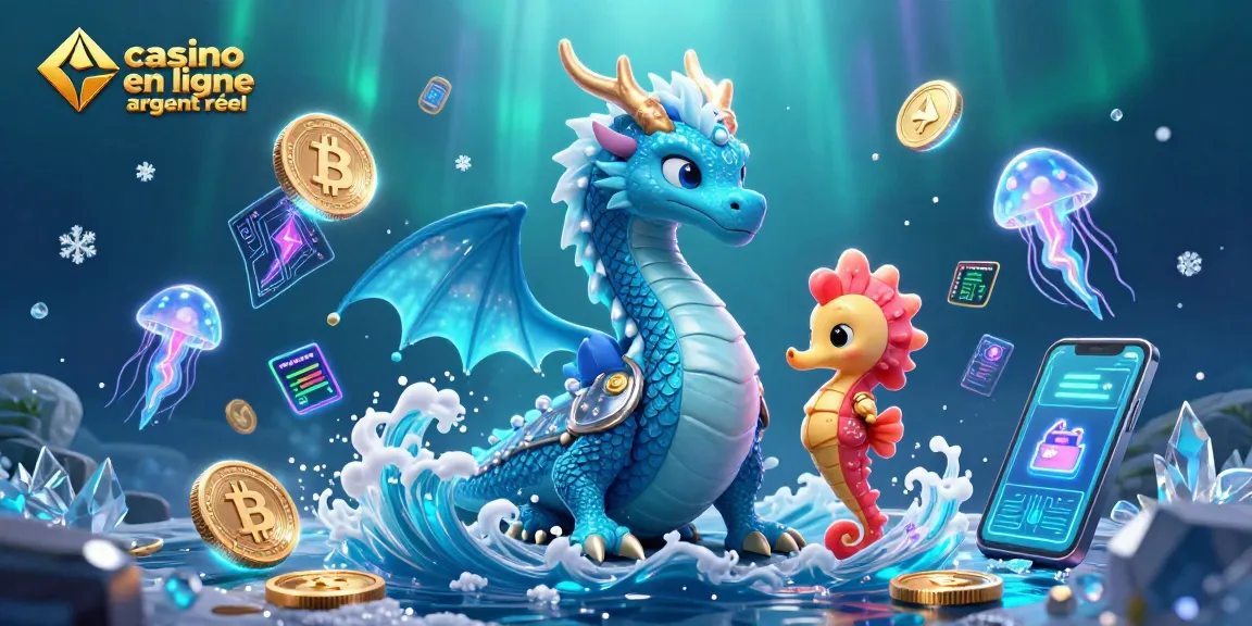Plongez dans le monde du casino en ligne argent réel avec un dragon d'eau azur et des pièces de crypto-monnaie scintillantes.