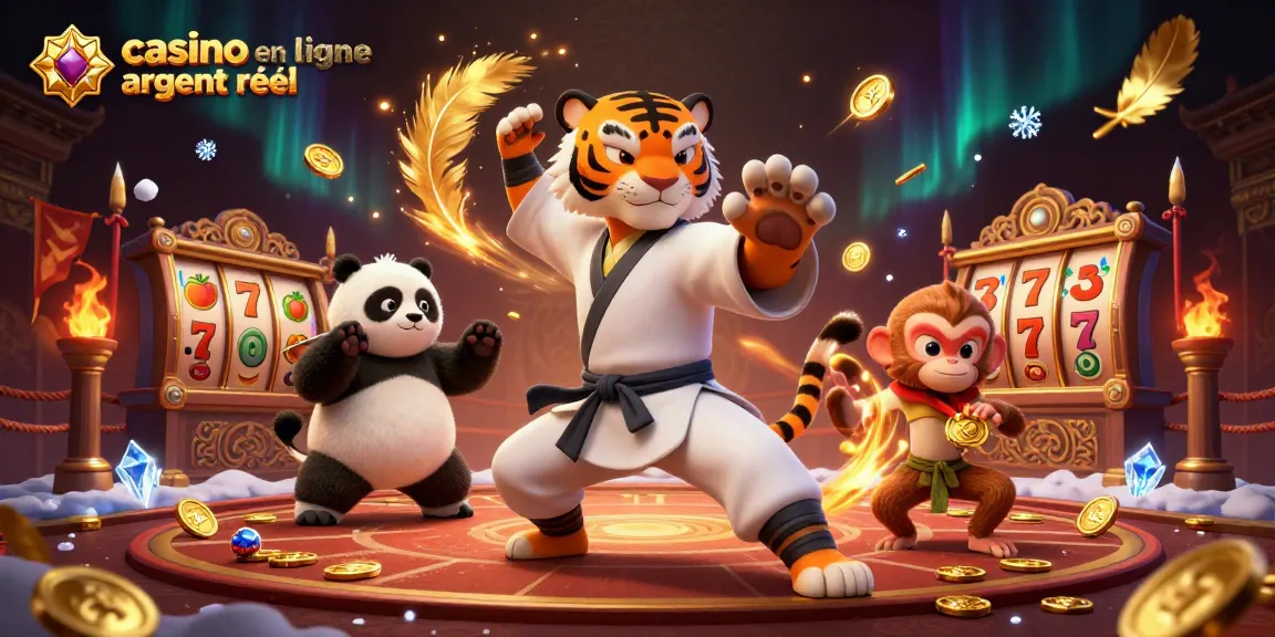 Illustration captivante de casino en ligne argent réel, mettant en scène des personnages de kung-fu subtils.