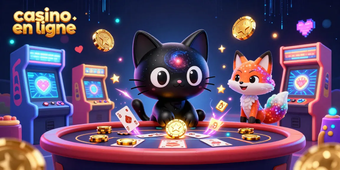 Casino en ligne avec une illustration de chat noir et ami dans un casino cosmique.