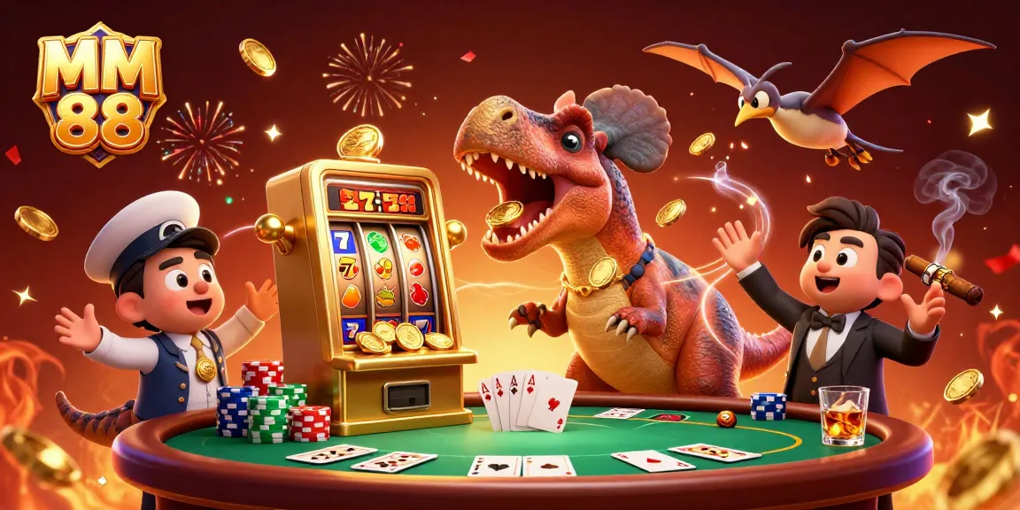 Catch flying coins in the MM 88 casino as a pachycephalosaurus and pals celebrate jackpots!