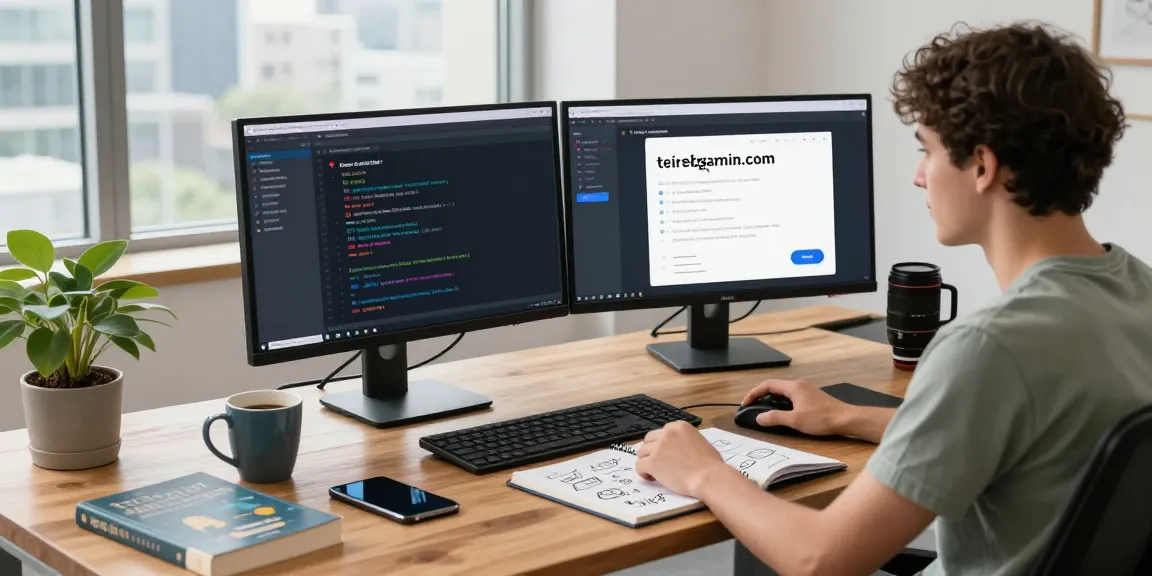 Software developer coding for teiegramin.com in a modern workspace with tech gadgets and city views.