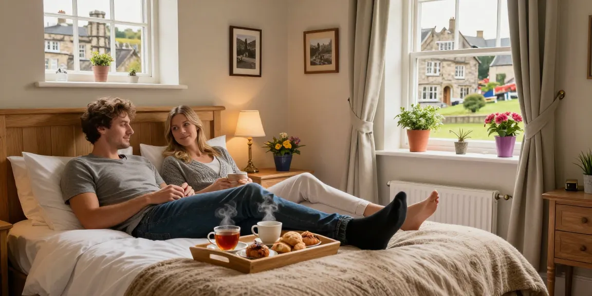 Accommodation Skipton at Town House B&B: Cozy double room with tea and pastries, inviting ambiance.