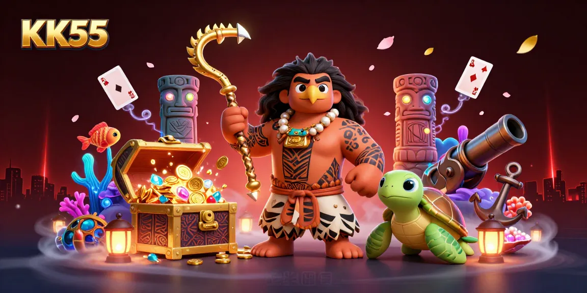 KK55 offers an exciting gambling atmosphere with treasure chests and vibrant casino elements.