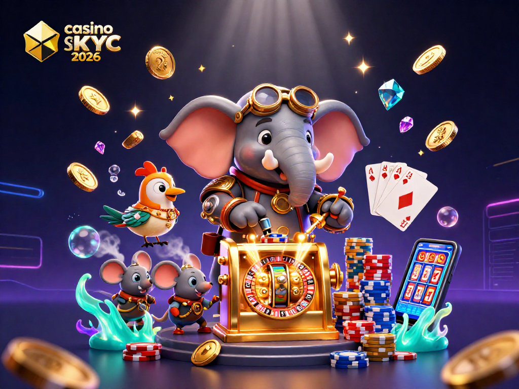 Illustration de casino crypto sans KYC 2026 avec un éléphant steampunk gagnant à une machine à sous.