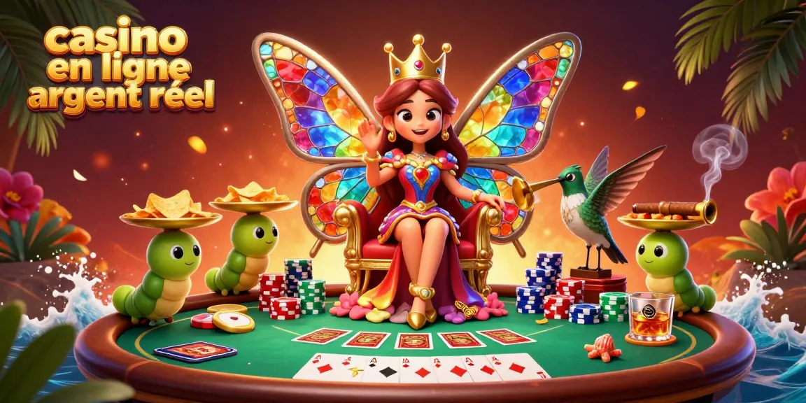 Jouez au casino en ligne argent réel avec une reine papillon à la couronne colorée et des jetons dorés.