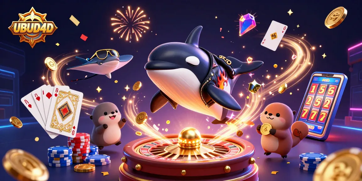 Play to win at UBUD4D with a vibrant, exciting gaming scene featuring animated characters and dynamic casino elements.