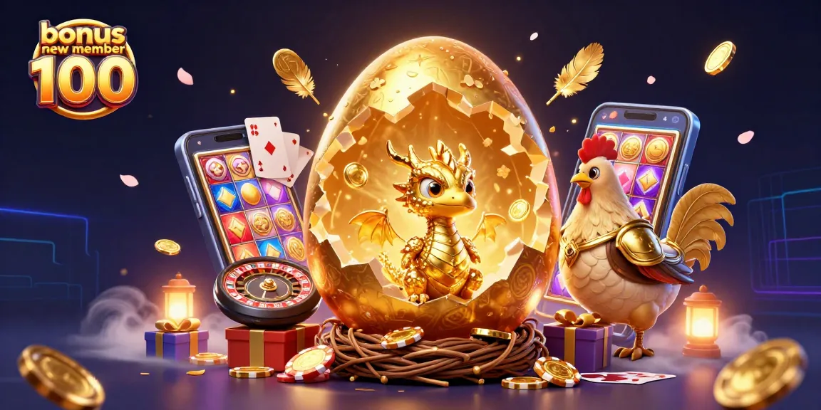 Experience the bonus new member 100 with an exciting illustration featuring a golden dragon and poker chips.
