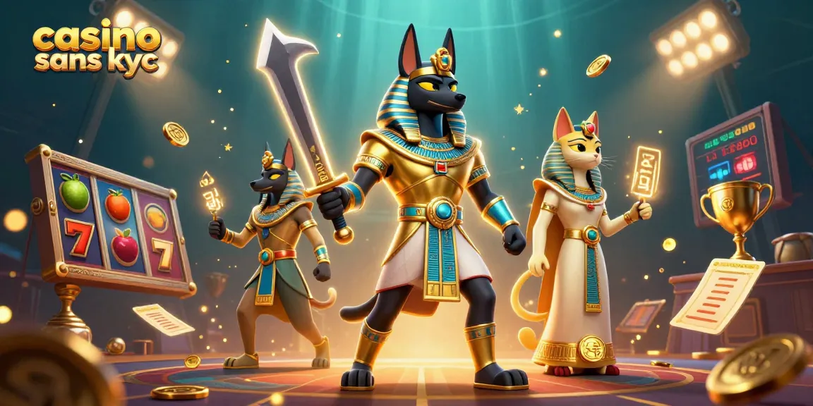 Jouez dans un casino sans KYC avec Anubis et Bastet au milieu de machines à sous riches et dynamiques.