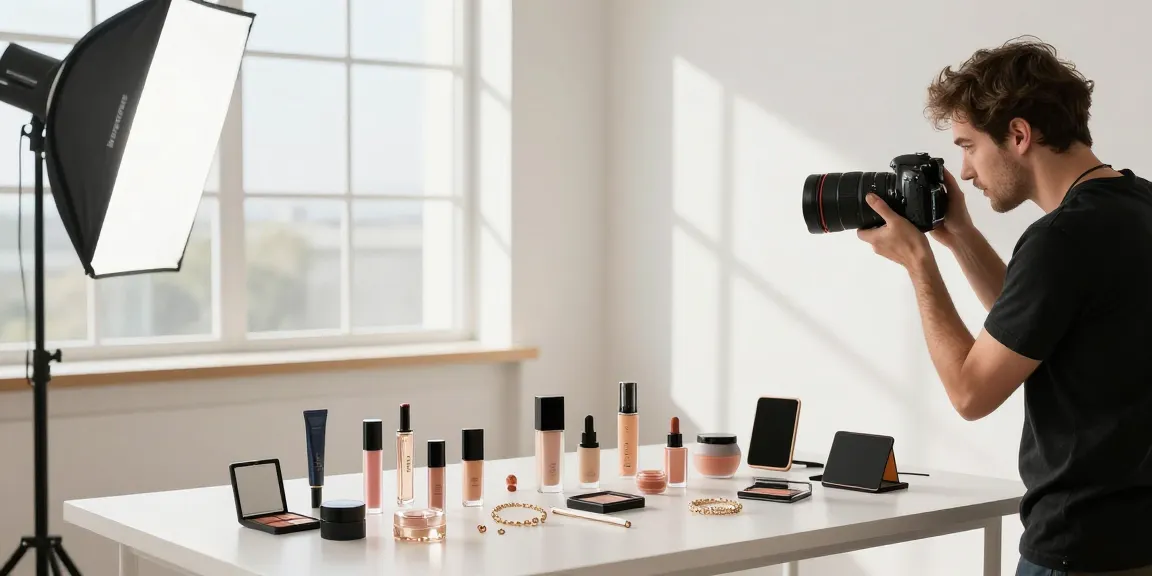 Fotografo di Prodotti in studio mentre prepara articoli per una sessione fotografica di alta qualità.