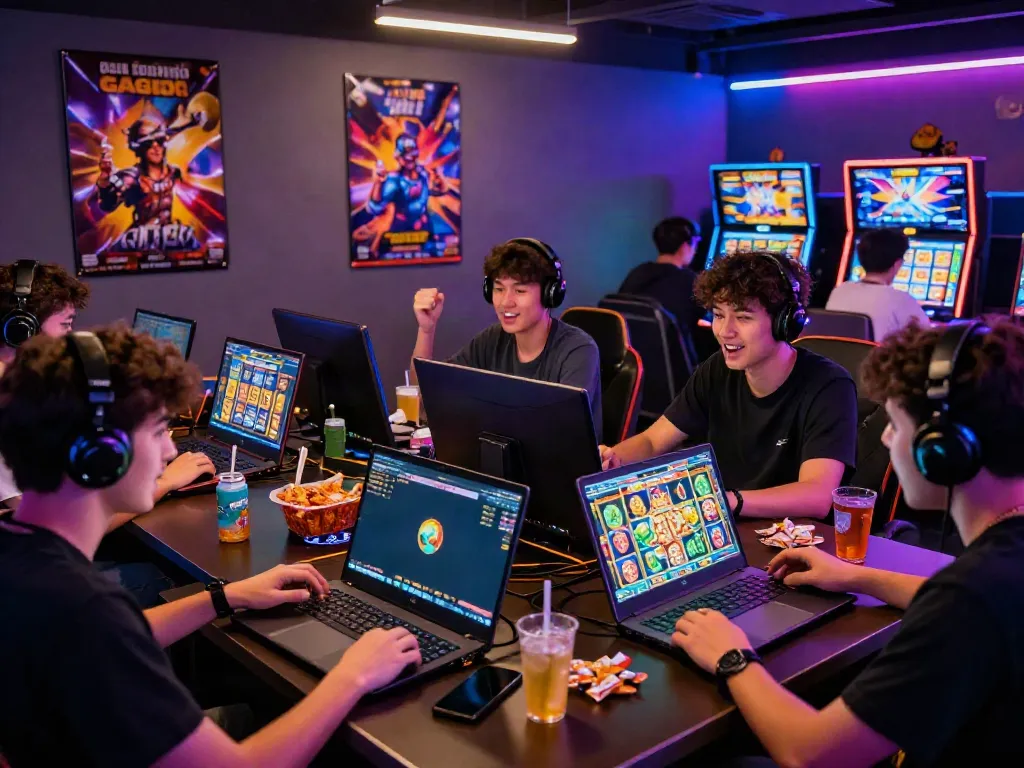 Players joyfully engaging in online slot gacor games during a vibrant gaming session.