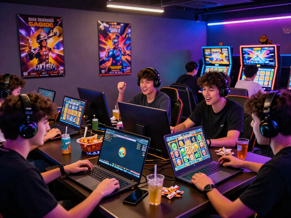 Players joyfully engaging in online slot gacor games during a vibrant gaming session.