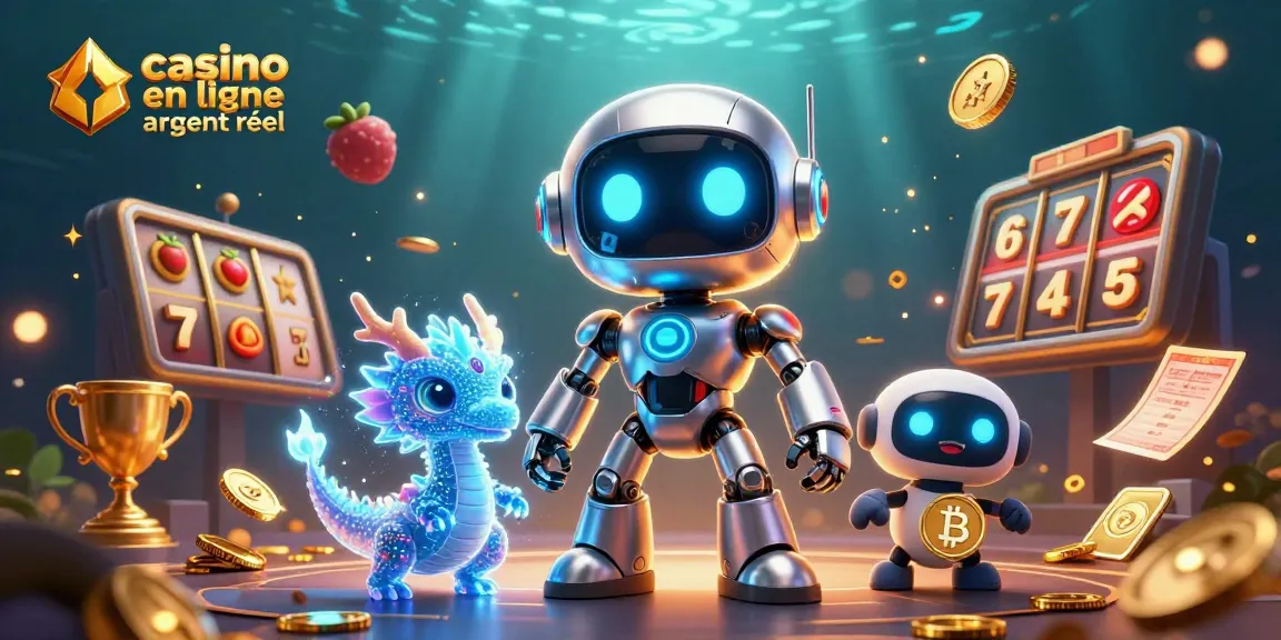 Découvrez un monde de jeu avec "casino en ligne argent réel" où un robot, un dragon IA et un drone interagissent autour des symboles gagnants.