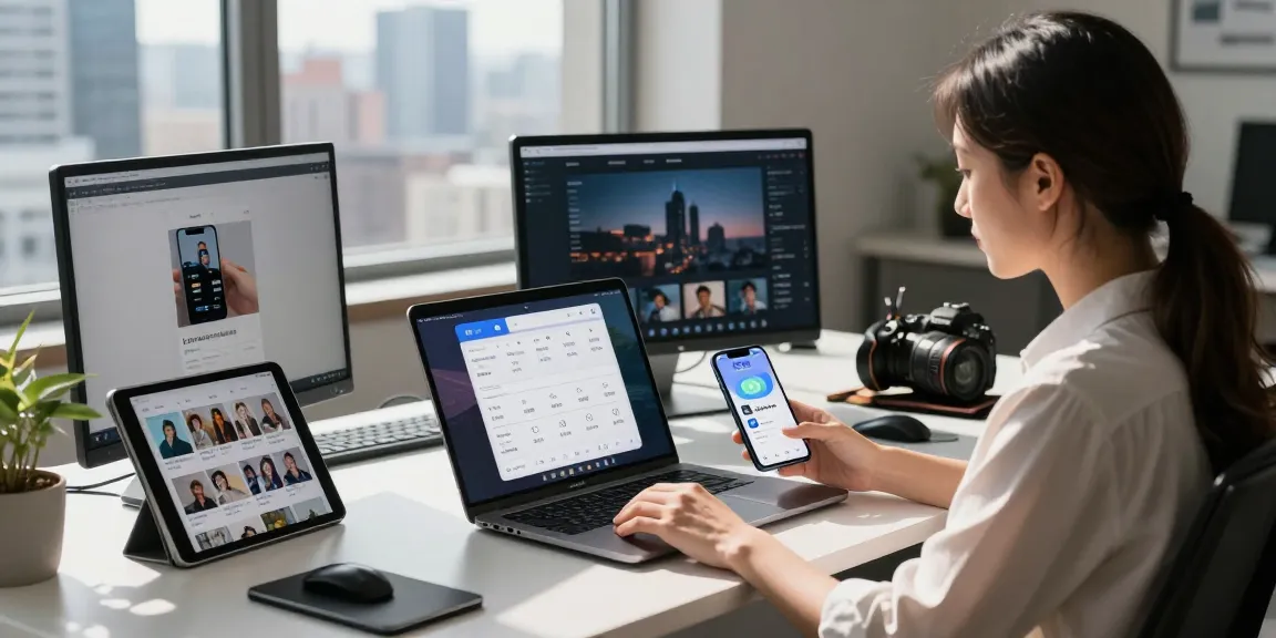 Woman utilizing 纸飞机中文版 in a modern tech workspace with a city view.