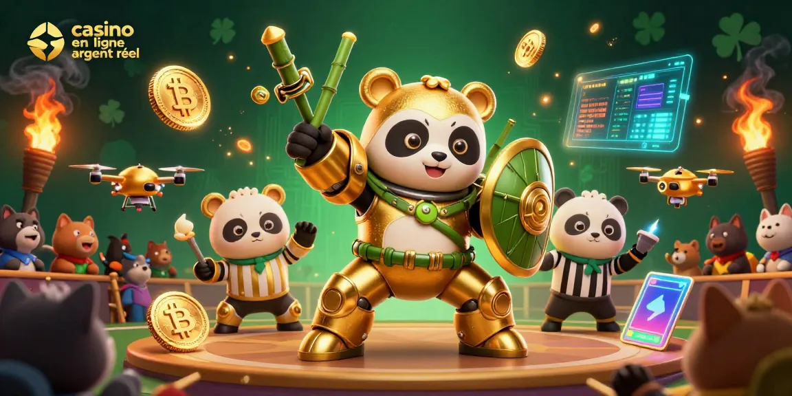 Profitez du jeu dans le casino en ligne argent réel avec un panda doré en robot de combat et des éléments de crypto-monnaie.