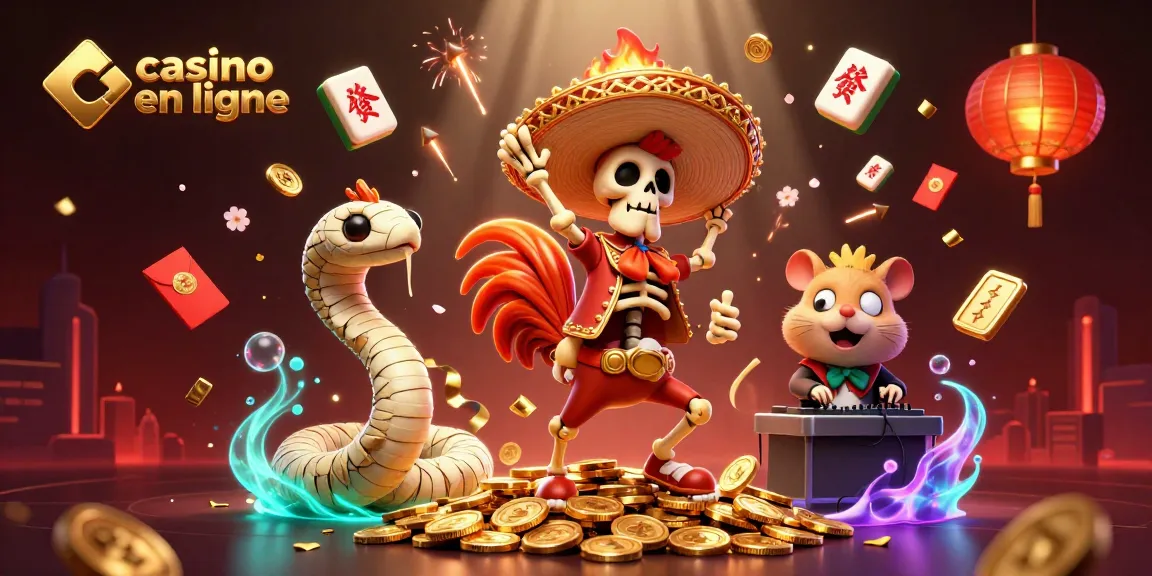 Plongez dans le monde du casino en ligne avec une scène vibrante et festive remplie d'éléments de jeu fascinants.