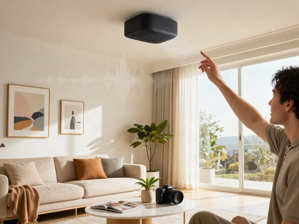 Adjusting the volume on a sleek ceiling speaker in a modern home, showcasing stylish living room decor while focusing on خرید اسپیکر سقفی.