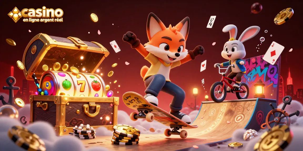 Célébrez le jeu à un casino en ligne argent réel avec un renard skateboard et un lapin BMX dans une illustration 3D dynamique.