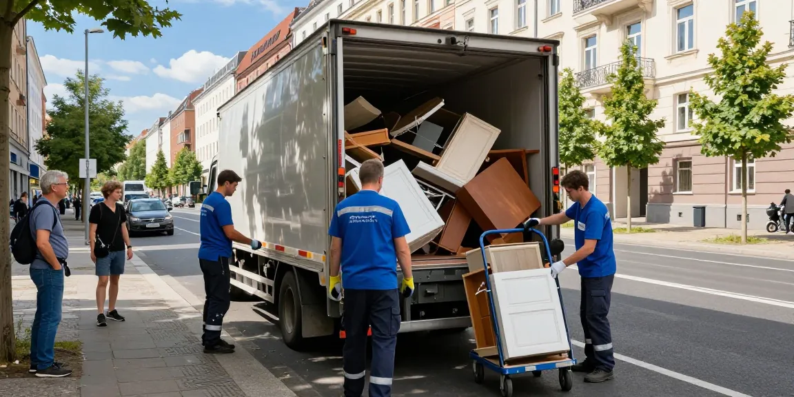 Sperrmüllabholung 80 Euro Berlin - Efficient waste disposal team loading furniture onto a truck in urban Berlin.